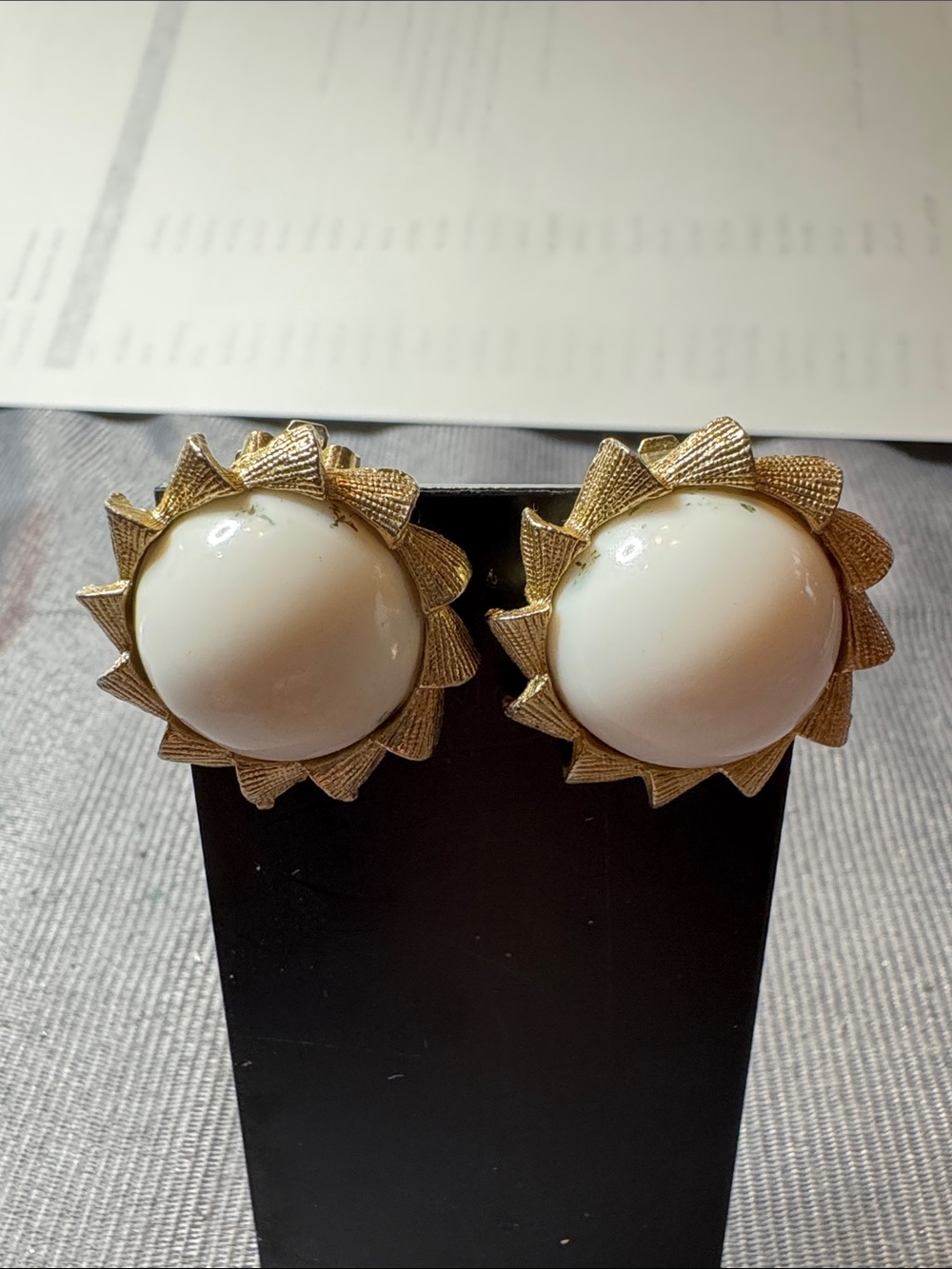 Gold-Trim White Dome Floral Clip-On Earrings